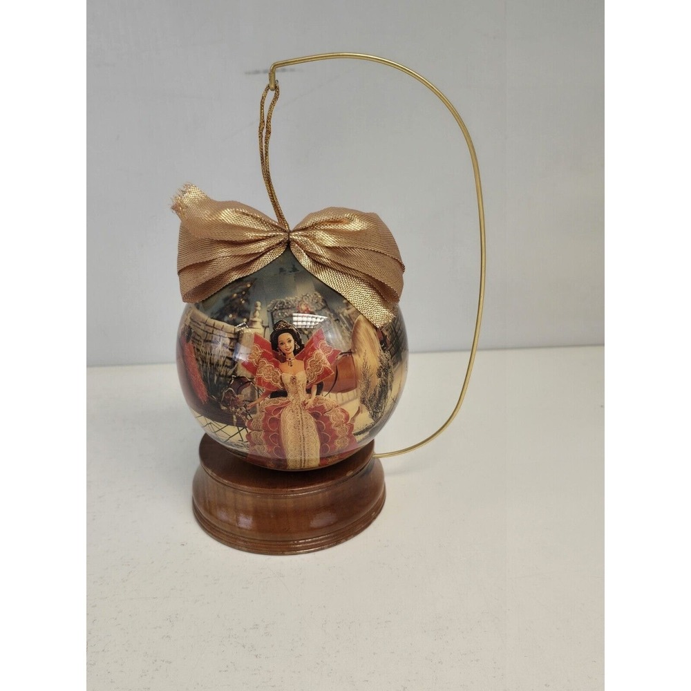 1997 Holiday Barbie 4" Hanging Christmas Ball Ornament‎ with Wooden Stand & Bow